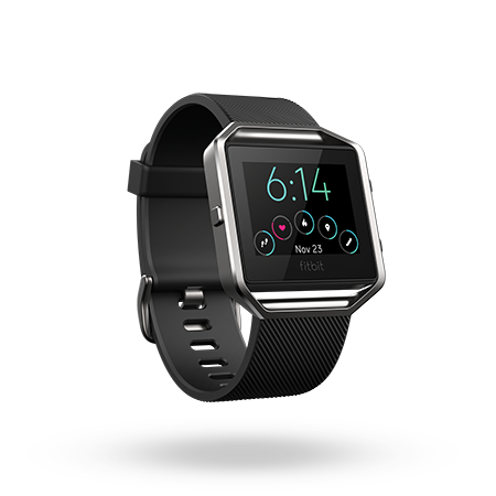 Fitbit Blaze with the time, date, and stats shown as gauges on the screen